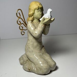Artisan Mixed Media Cream & Gold Kneeling Angel with Dove